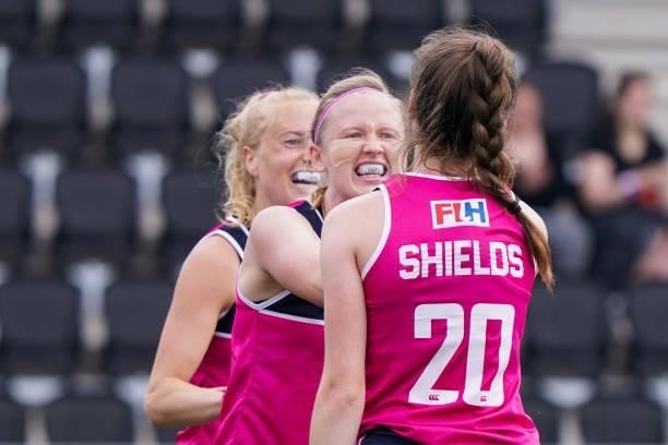Bronwyn Shields of Scotland celebrates after scoring his sides first goal with Fiona Semple of Scotland during the Euro Hockey Championships match...