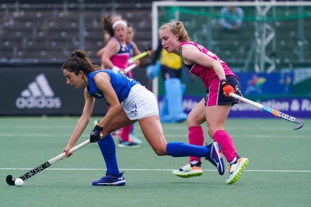 Lara Oviedo of Italy and Kate Holmes of Scotland during the Euro Hockey Championships match between Scotland and Italy at Wagener Stadion on June 11,...