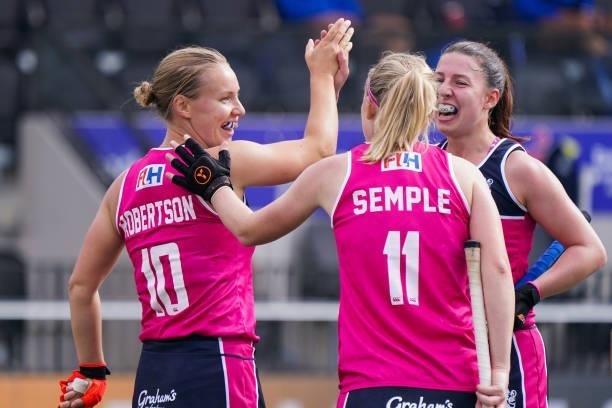 Sarah Robertson of Scotland celebrates after scoring her sides second goal with Fiona Semple of Scotland during the Euro Hockey Championships match...