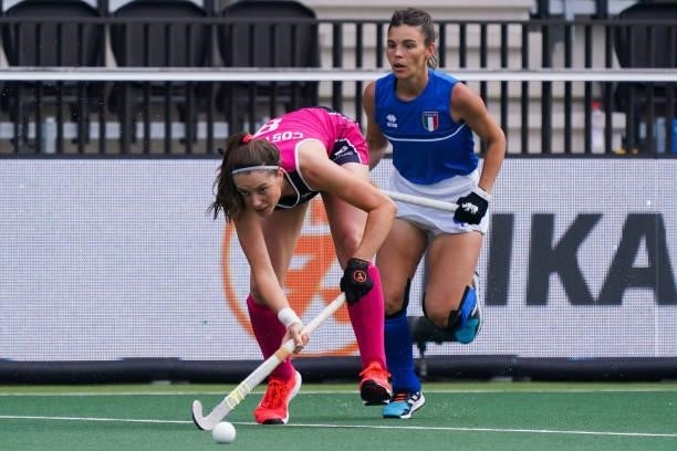 Amy Costello of Scotland and Ilaria Sarnari of Italy during the Euro Hockey Championships match between Scotland and Italy at Wagener Stadion on June...