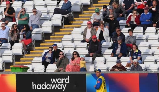 Spectators watch the action during the Vitality T20 Blast match between Durham Cricket and Yorkshire Vikings at Emirates Riverside on June 11, 2021...