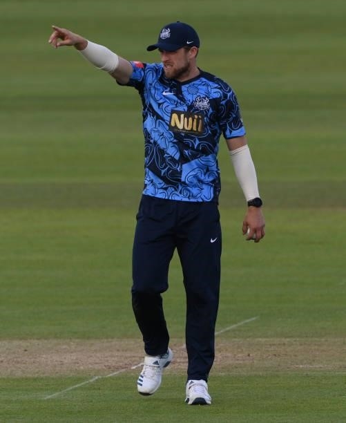 Yorkshire captain David Willey sets his field during the Vitality T20 Blast match between Durham Cricket and Yorkshire Vikings at Emirates Riverside...