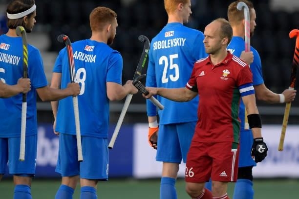 Georgii Arusiia of Russia, Luke Hawker of Wales during the Euro Hockey Championships Men match between Wales and Russia at Wagener Stadion on June...