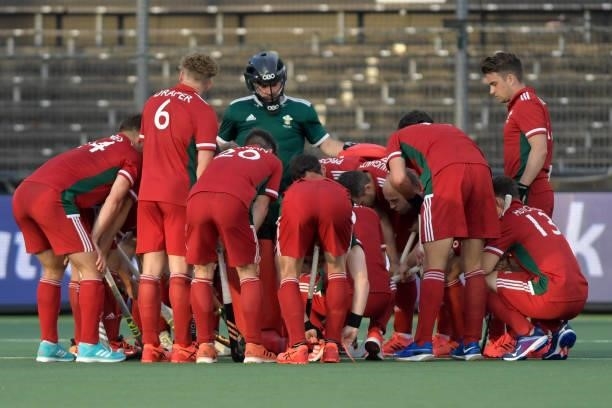 The Wales national hockey team during the Euro Hockey Championships Men match between Wales and Russia at Wagener Stadion on June 11, 2021 in...