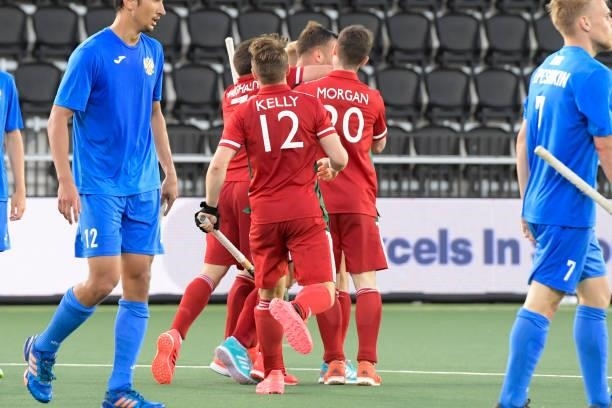 Hywel Jones, Stephen Kelly and Jolyon Morgan of Wales celebrating during the Euro Hockey Championships Men match between Wales and Russia at Wagener...