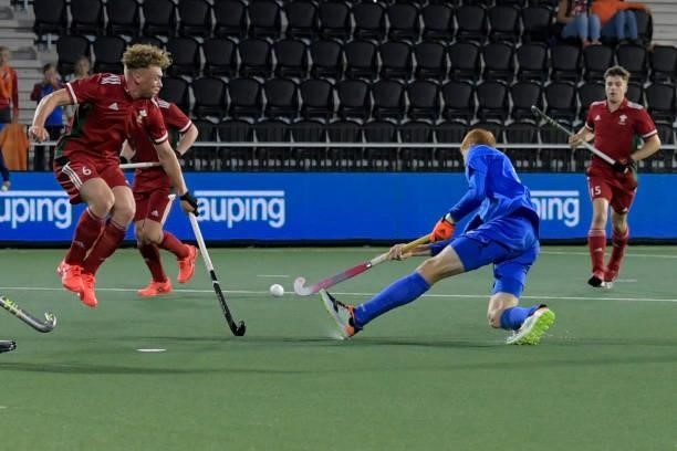 Alexey Sobolevskiy of Russia scoring his goal during the Euro Hockey Championships Men match between Wales and Russia at Wagener Stadion on June 11,...