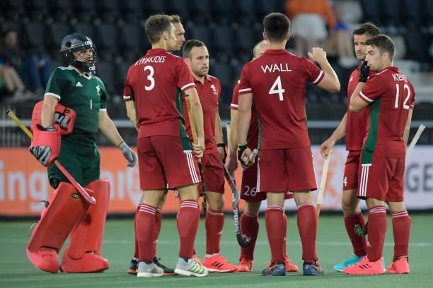 James Fortnam of Wales, Daniel Kyriakides of Wales, Ioan Wall of Wales, Stephen Kelly of Wales during the Euro Hockey Championships Men match between...