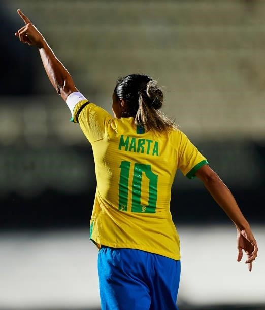 Marta Silva of Brazil reaccts during the Women's International friendly match between Brazil and Russia at Estadio Cartagonova on June 11, 2021 in...