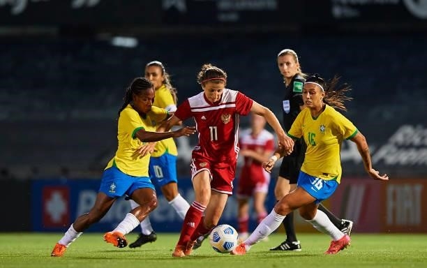 Beatriz Joao of Brazil competes for the ball with Elina Samoilova of Russia during the Women's International friendly match between Brazil and Russia...