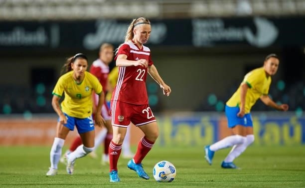 Victoria Kozlova of Russia in action during the Women's International friendly match between Brazil and Russia at Estadio Cartagonova on June 11,...