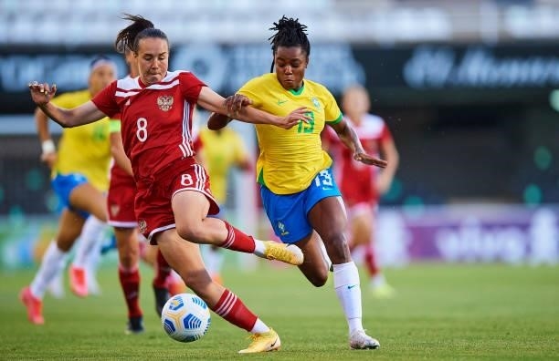 Ludmila Silva of Brazil competes for the ball with Alsu Abdullina of Russia during the Women's International friendly match between Brazil and Russia...