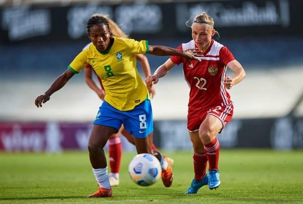 Miraildes Mota of Brazil competes for the ball with Victoria Kozlova of Russia during the Women's International friendly match between Brazil and...