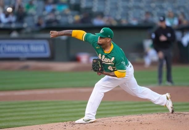 Frankie Montas of the Oakland Athletics pitches against the Kansas City Royals in the top of the second inning at RingCentral Coliseum on June 10,...