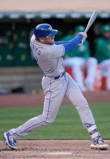 Hunter Dozier of the Kansas City Royals bats against the Oakland Athletics in the top of the second inning at RingCentral Coliseum on June 10, 2021...