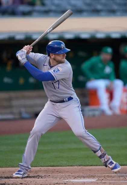 Hunter Dozier of the Kansas City Royals bats against the Oakland Athletics in the top of the second inning at RingCentral Coliseum on June 10, 2021...