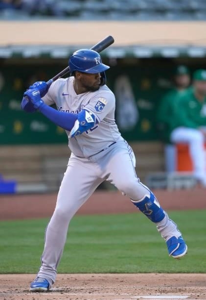 Jorge Soler of the Kansas City Royals bats against the Oakland Athletics in the top of the second inning at RingCentral Coliseum on June 10, 2021 in...
