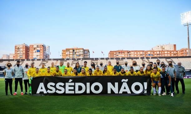 Players and Coaches of Brazil prior to the Women's International friendly match between Brazil and Russia at Estadio Cartagonova on June 11, 2021 in...