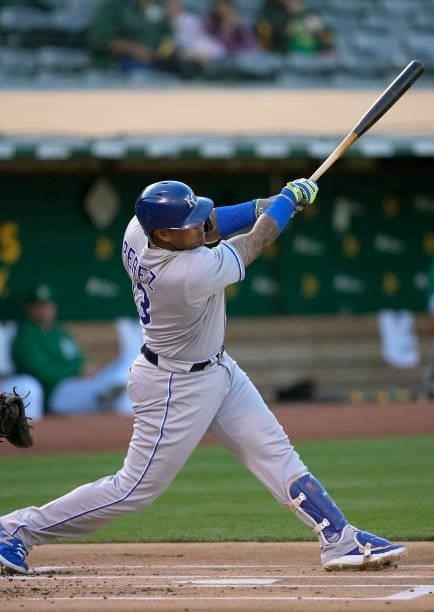 Salvador Perez of the Kansas City Royals bats against the Oakland Athletics in the top of the first inning at RingCentral Coliseum on June 10, 2021...