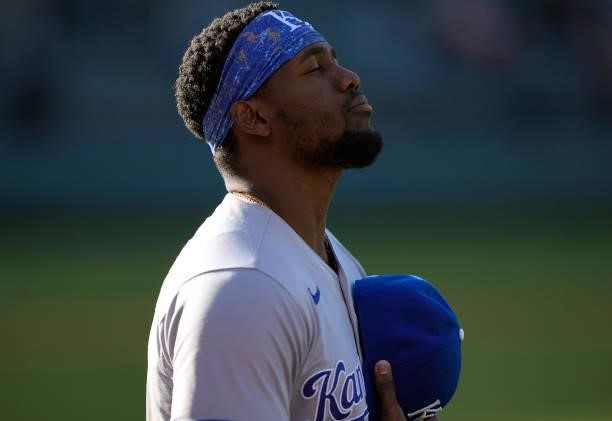 Jorge Soler of the Kansas City Royals stands holding his hat during the playing of the National Anthem prior to the start of his game against the...