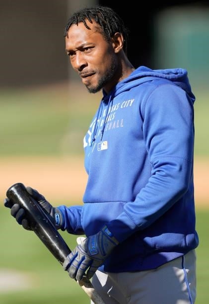 Jarrod Dyson of the Kansas City Royals looks on during batting practice prior to the start of his game against the Oakland Athletics at RingCentral...