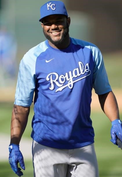 Hanser Alberto of the Kansas City Royals looks on during batting practice prior to the start of his game against the Oakland Athletics at RingCentral...