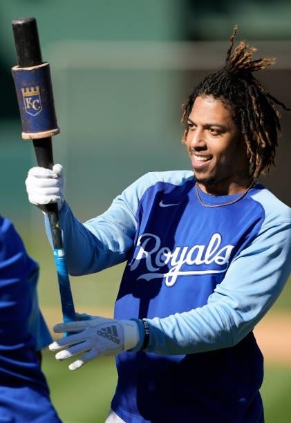 Adalberto Mondesí of the Kansas City Royals looks on during batting practice prior to the start of his game against the Oakland Athletics at...