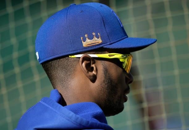 Michael A. Taylor of the Kansas City Royals looks on during batting practice prior to the start of his game against the Oakland Athletics at...