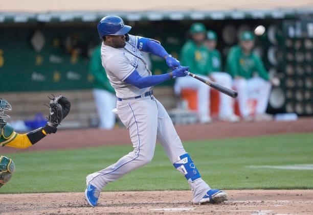 Jorge Soler of the Kansas City Royals bats against the Oakland Athletics in the top of the fourth inning at RingCentral Coliseum on June 10, 2021 in...