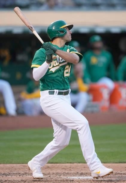 Matt Olson of the Oakland Athletics bats against the Kansas City Royals in the bottom of the fourth inning at RingCentral Coliseum on June 10, 2021...
