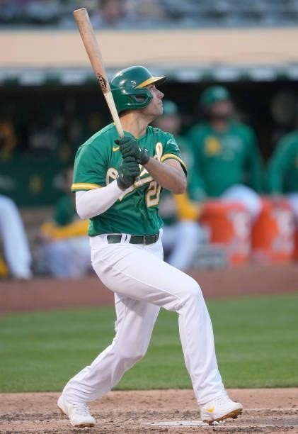 Matt Olson of the Oakland Athletics bats against the Kansas City Royals in the bottom of the fourth inning at RingCentral Coliseum on June 10, 2021...