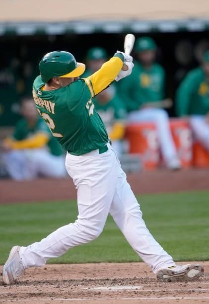 Sean Murphy of the Oakland Athletics bats against the Kansas City Royals in the bottom of the fourth inning at RingCentral Coliseum on June 10, 2021...