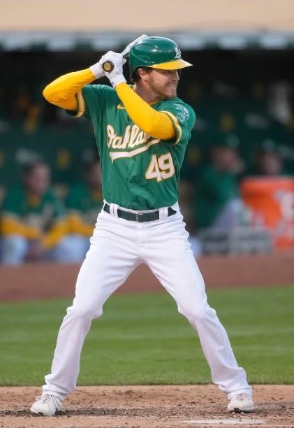 Skye Bolt of the Oakland Athletics bats against the Kansas City Royals in the bottom of the fifth inning at RingCentral Coliseum on June 10, 2021 in...