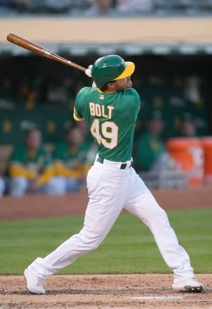 Skye Bolt of the Oakland Athletics bats against the Kansas City Royals in the bottom of the fifth inning at RingCentral Coliseum on June 10, 2021 in...