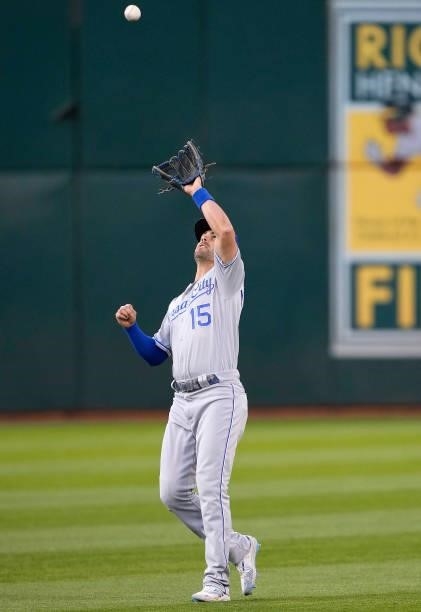 Whit Merrifield of the Kansas City Royals catches a pop-up off the bat of Skye Bolt of the Oakland Athletics in the bottom of the fifth inning at...
