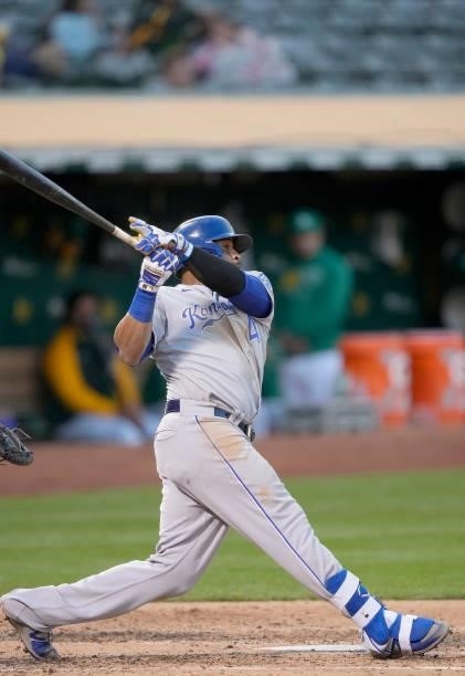 Carlos Santana of the Kansas City Royals bats against the Oakland Athletics in the top of the six inning at RingCentral Coliseum on June 10, 2021 in...