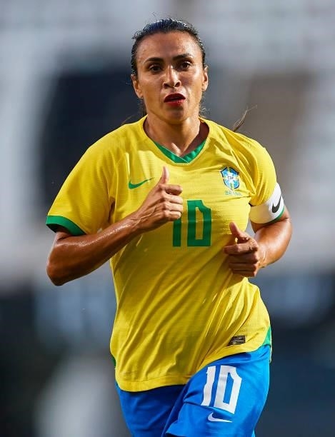 Marta Silva of Brazil looks on during the Women's International friendly match between Brazil and Russia at Estadio Cartagonova on June 11, 2021 in...