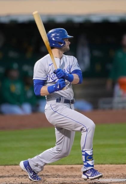 Andrew Benintendi of the Kansas City Royals bats against the Oakland Athletics in the top of the seventh inning at RingCentral Coliseum on June 10,...