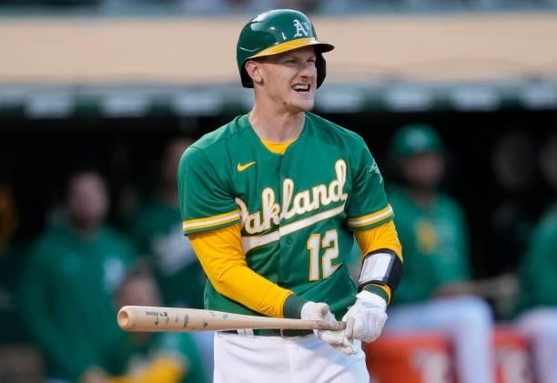 Sean Murphy of the Oakland Athletics reacts after striking out swinging against the Kansas City Royals in the bottom of the fourth inning at...