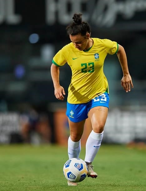 Jucinara Paz of Brazil in action during the Women's International friendly match between Brazil and Russia at Estadio Cartagonova on June 11, 2021 in...