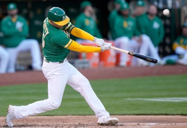 Stephen Piscotty of the Oakland Athletics bats against the Kansas City Royals in the bottom of the second inning at RingCentral Coliseum on June 10,...
