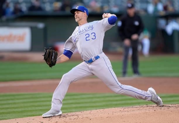 Mike Minor of the Kansas City Royals pitches against the Oakland Athletics in the bottom of the first inning at RingCentral Coliseum on June 10, 2021...