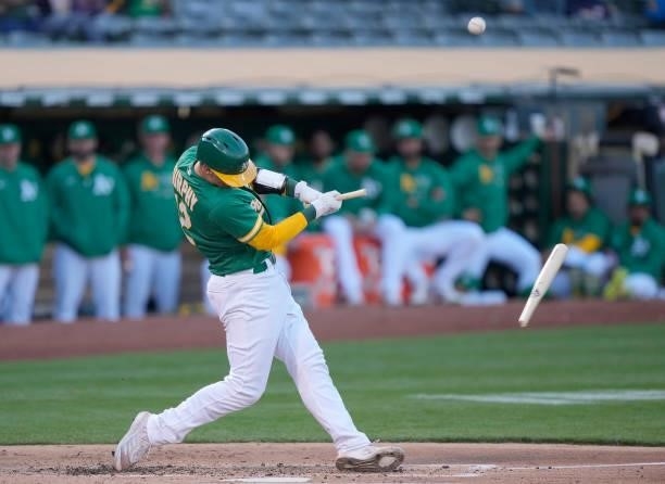 Sean Murphy of the Oakland Athletics breaks hit bat while popping out to second base against the Kansas City Royals in the bottom of the second...