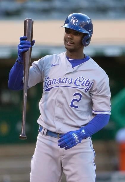 Michael A. Taylor of the Kansas City Royals reacts to a called third strike against the Oakland Athletics in the top of the second inning at...