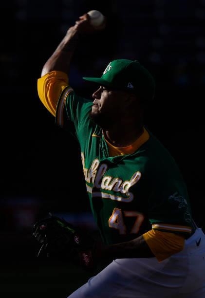 Frankie Montas of the Oakland Athletics pitches against the Kansas City Royals in the top of the first inning at RingCentral Coliseum on June 10,...