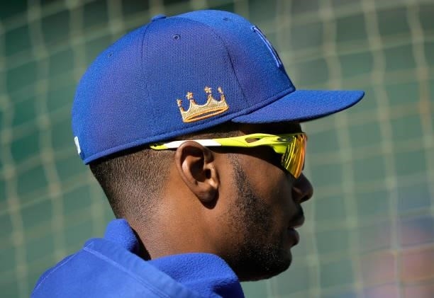 Michael A. Taylor of the Kansas City Royals looks on during batting practice prior to the start of his game against the Oakland Athletics at...