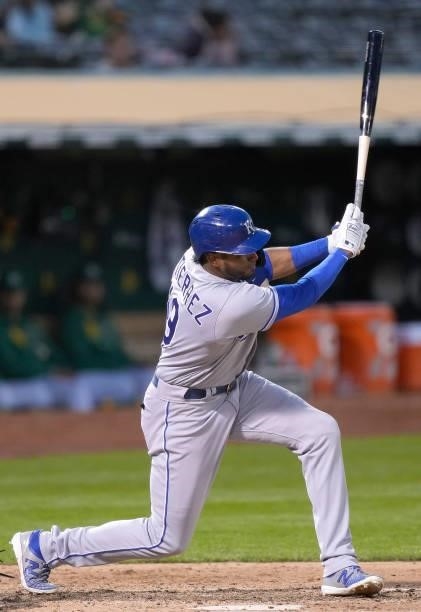 Kelvin Gutierrez of the Kansas City Royals hits a two-run RBI single against the Oakland Athletics in the top of the seventh inning at RingCentral...