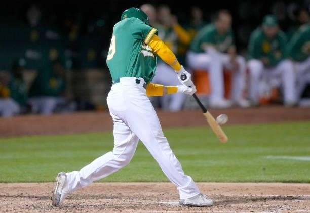 Skye Bolt of the Oakland Athletics bats against the Kansas City Royals in the bottom of the eighth inning at RingCentral Coliseum on June 10, 2021 in...