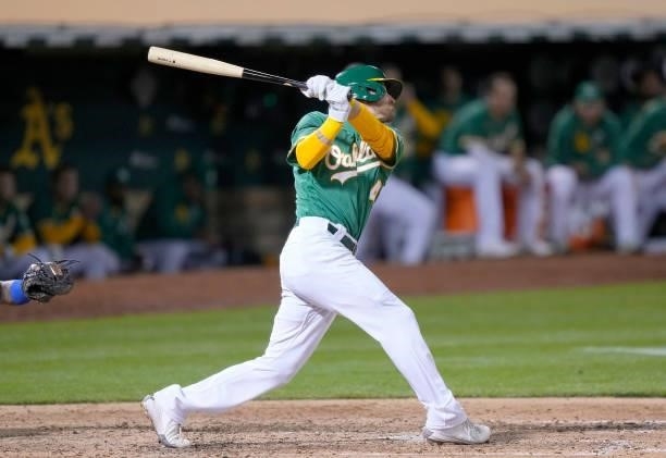 Skye Bolt of the Oakland Athletics bats against the Kansas City Royals in the bottom of the eighth inning at RingCentral Coliseum on June 10, 2021 in...