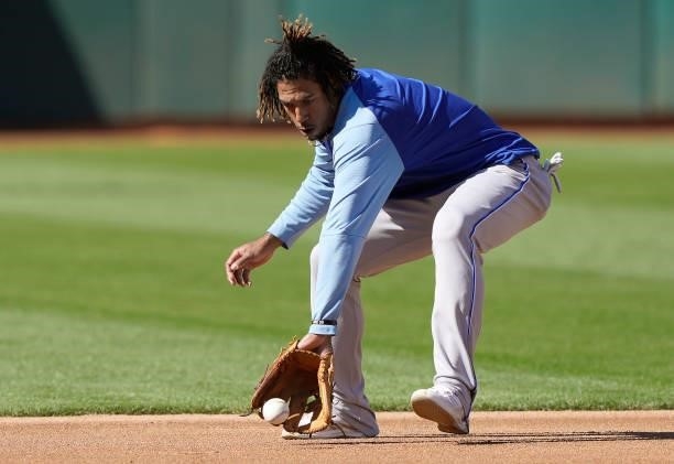 Adalberto Mondesí of the Kansas City Royals fields ground balls during batting practice prior to the start of his game against the Oakland Athletics...