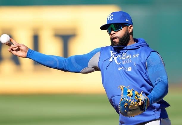 Carlos Santana of the Kansas City Royals working out during batting practice prior to the start of his game against the Oakland Athletics at...